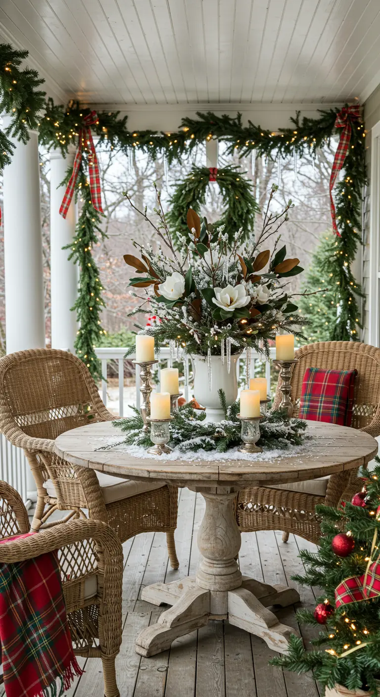 Véranda décorée de guirlandes de Noël, mobilier en rotin et centre de table floral enneigé.