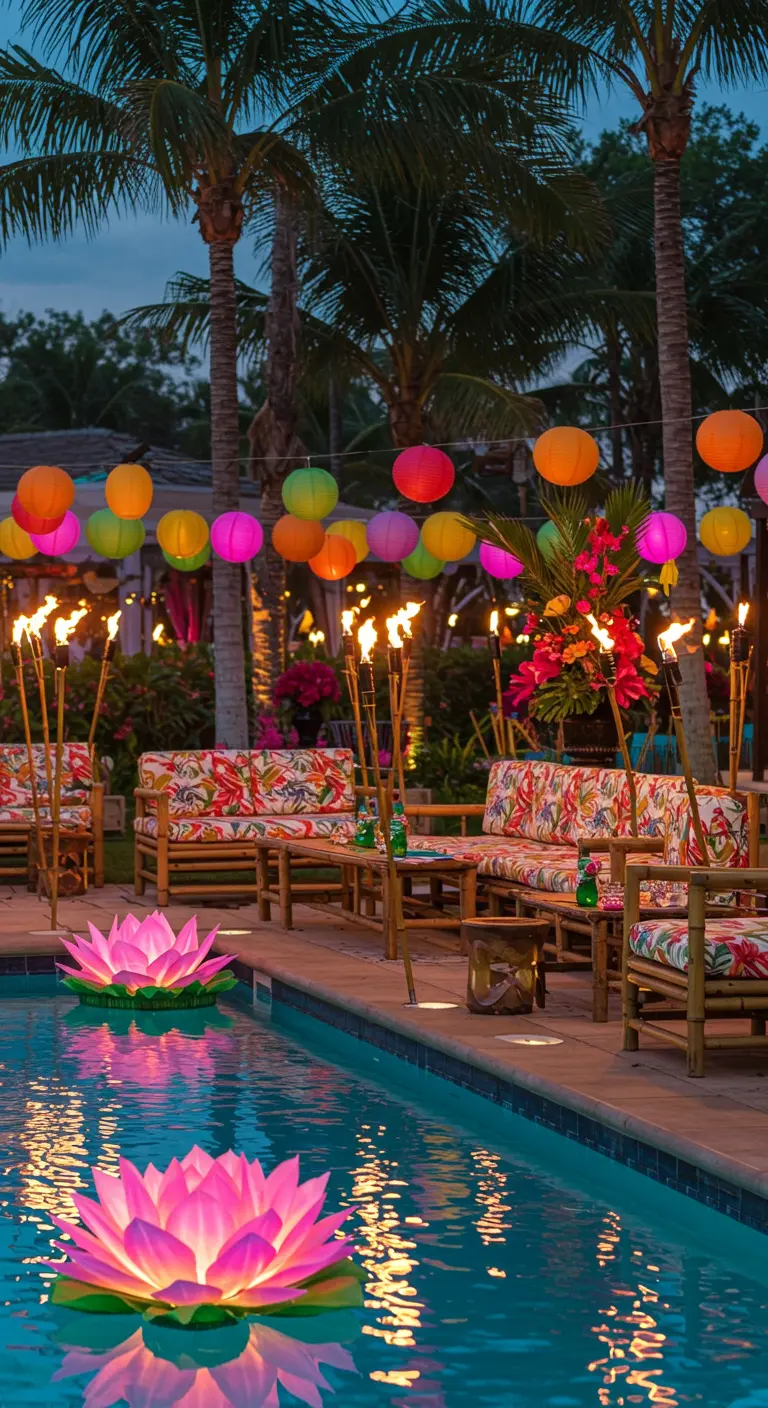 Fête tropicale au bord d'une piscine avec lampions colorés, torches tiki et fleurs lumineuses flottantes.