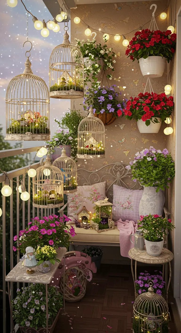 Balcon romantique avec volières fleuries suspendues et guirlandes lumineuses