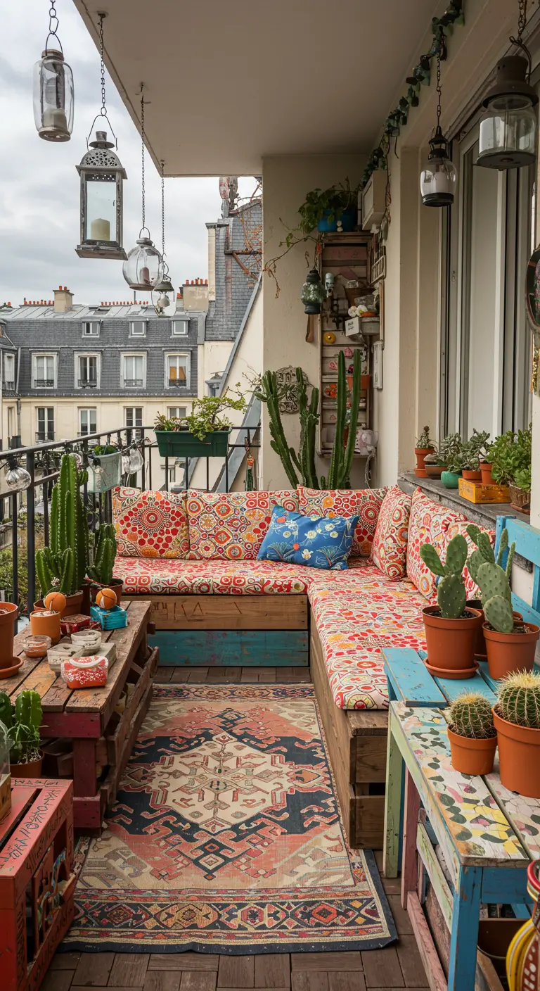 Balcon bohème avec banquette en bois coloré, coussins ethniques, cactus et tapis persan.