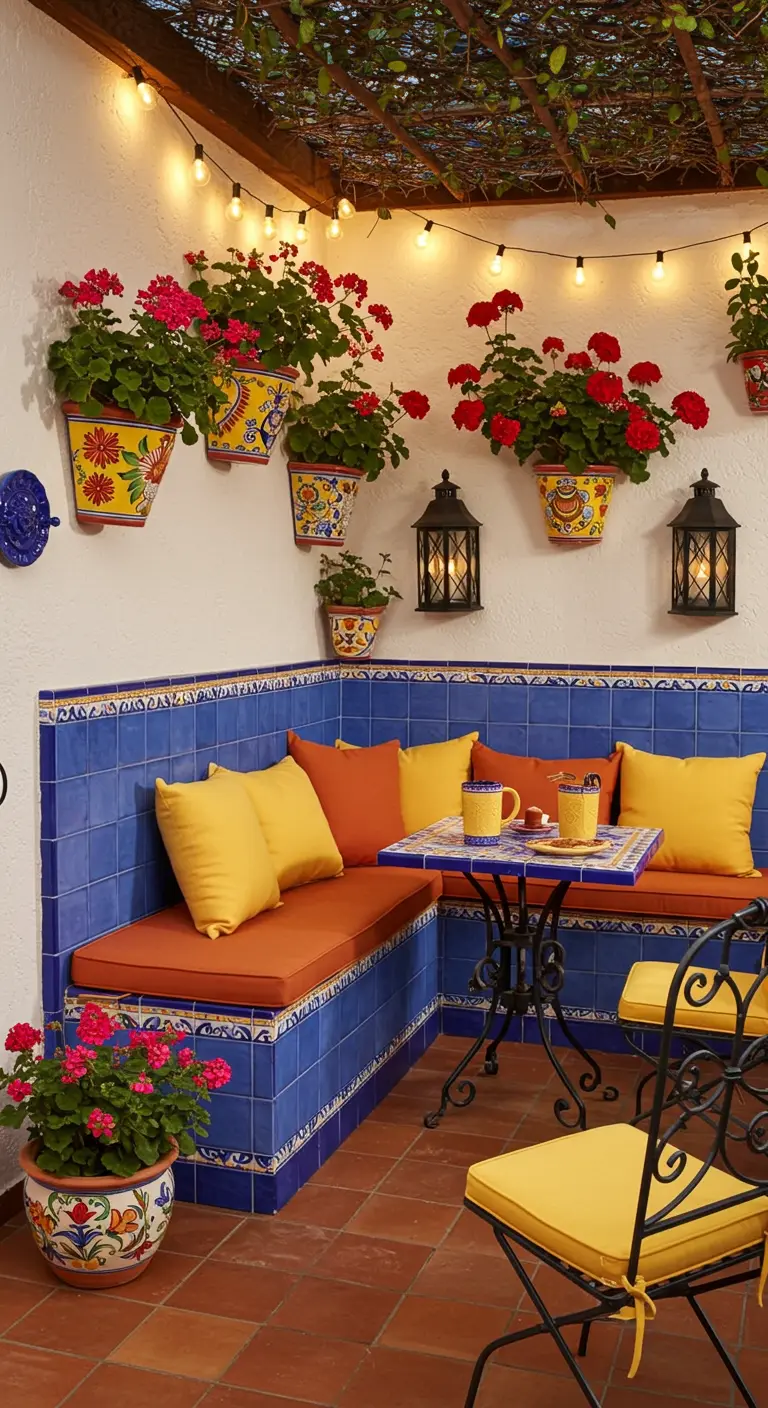 Patio méditerranéen avec banquette carrelée bleue, coussins vifs, pots de fleurs colorés et lanternes en métal.