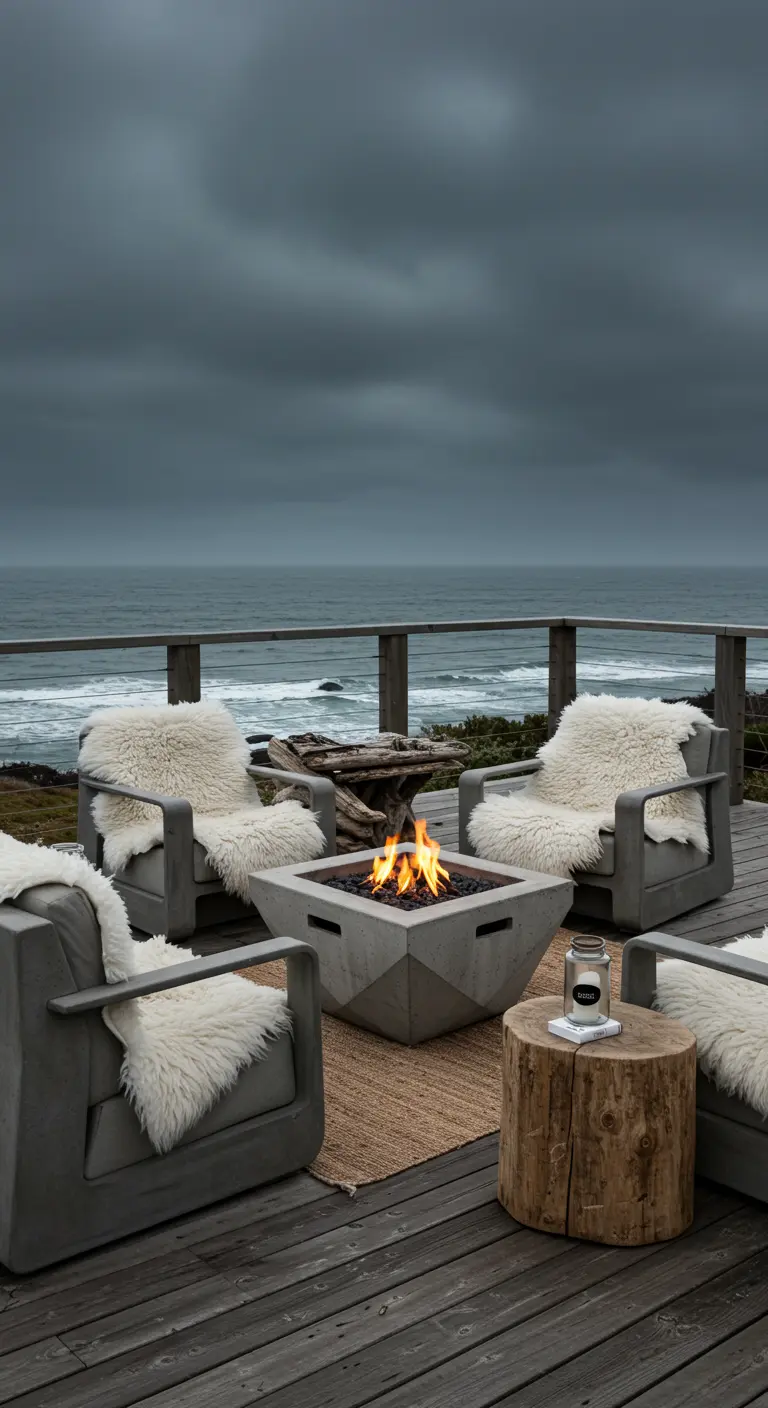 Terrasse en bois face à l'océan avec brasero en béton, fauteuils en fausse fourrure et table en rondin.
