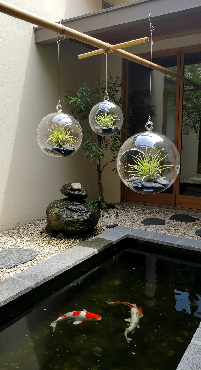 Trois terrariums sphériques avec Tillandsias et galets noirs suspendus à une structure en bambou au-dessus d'un bassin avec des poissons Koi.
