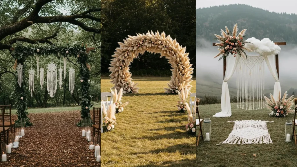 Arches florales mariage bohème en plein air avec pampas, gypsophile et macramé suspendu pour une cérémonie unique.