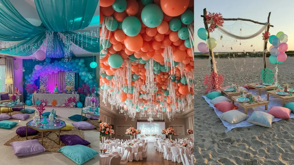 Idées déco fête aquatique : ballons corail, guirlandes perlées et thème sirène pour un anniversaire inoubliable.