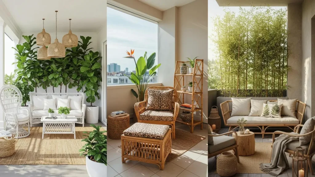 Terrasse estivale tropicale, feuillages XXL et salon de jardin en rotin avec motifs jungle.