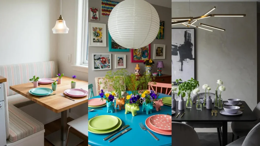 Trois inspirations de décoration de table printanière avec vaisselle pastel, herbes fraîches et mini-vases colorés.