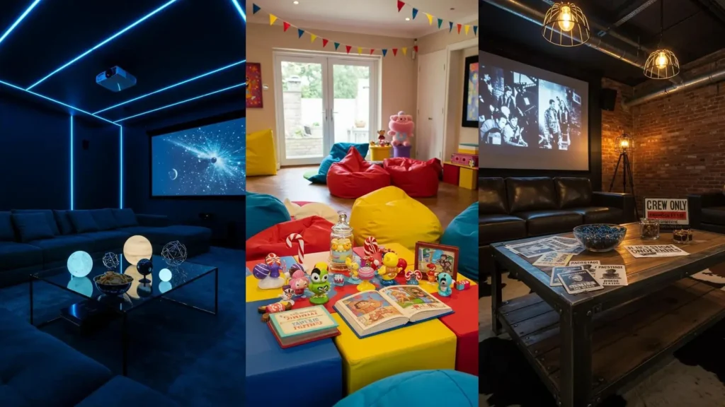 Décorations et centres de table variés pour soirées cinéma à la maison, incluant des lumières LED et projecteurs.