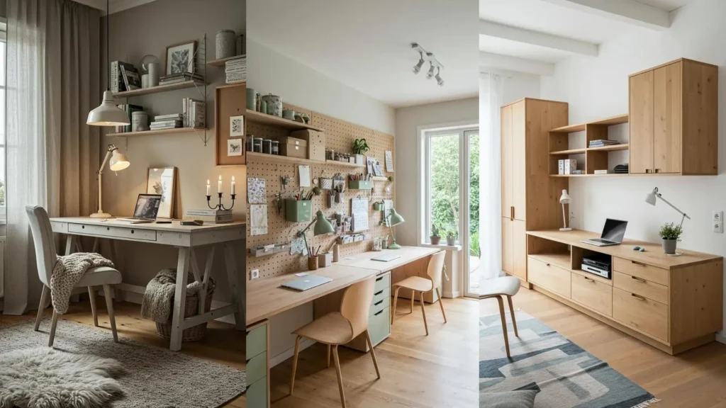 Trois bureaux scandinaves épurés pour home office familial avec rangements et matériaux naturels. Design fonctionnel et chaleureux.