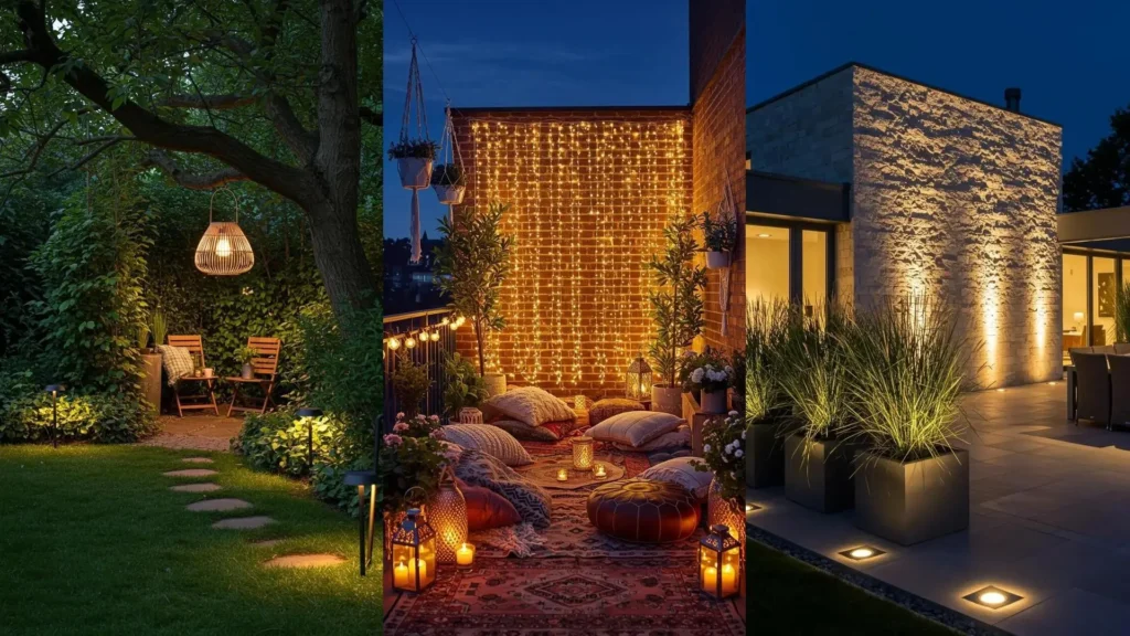 Décoration lumineuse de fête discrète : guirlandes, lampions et LED encastrées illuminant jardin, balcon et terrasse.