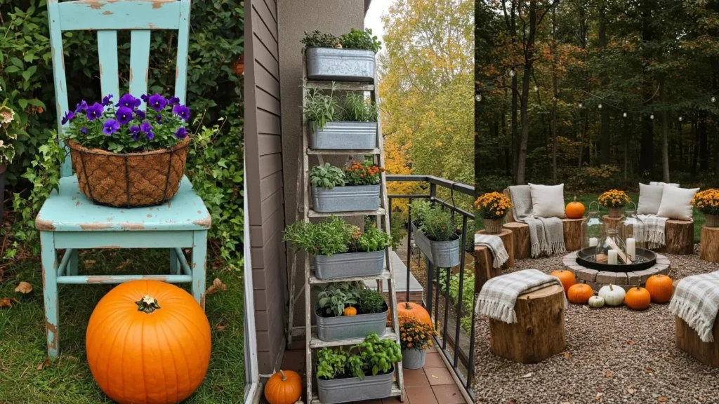 Déco jardin automnal DIY avec citrouilles, fleurs, une échelle décorative et un coin détente extérieur cosy.