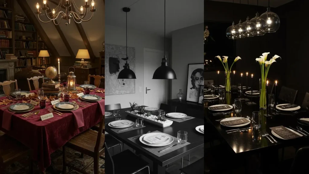 Trois sets de table créatifs pour anniversaires à la maison, textures et couleurs variées.