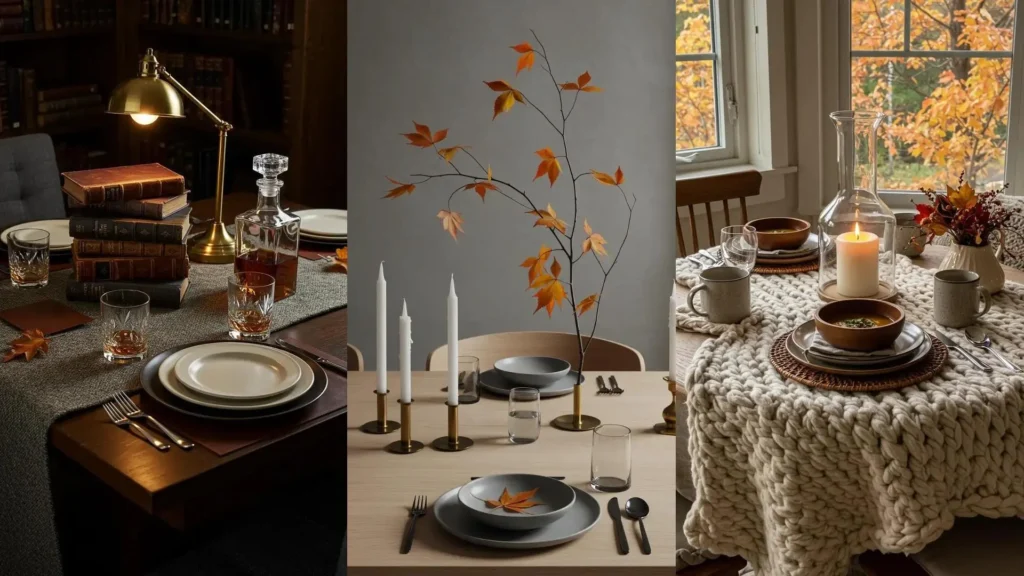 Une table de banquet d'automne cosy avec chandeliers, branches de feuilles oranges et vaisselle rustique pour une ambiance chaleureuse.