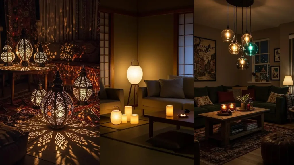 Différents styles d'éclairage décoratif : lanternes, suspensions et bougies, illuminant un salon chaleureux le soir.
