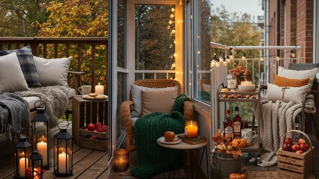 Balcon automnal chaleureux avec bougies, plaids moelleux et pommes décoratives, parfait pour des soirées douillettes.