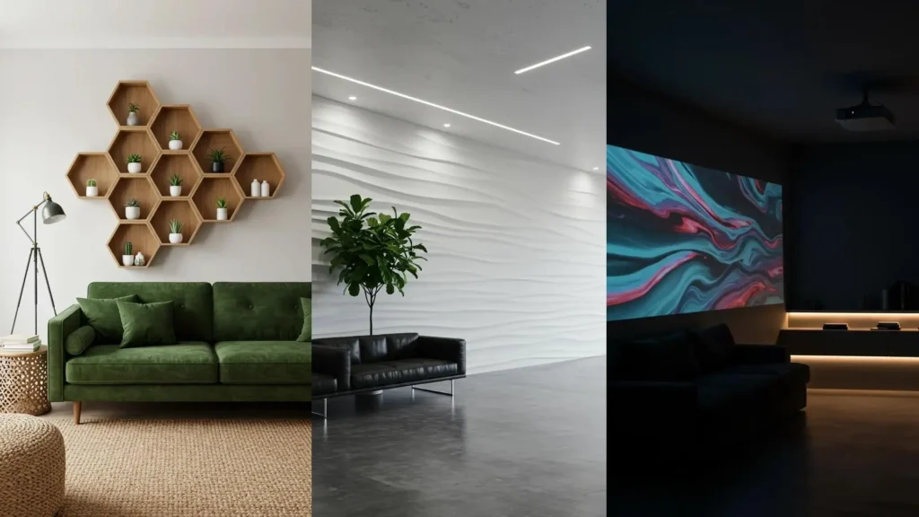 Diverses inspirations de décoration murale graphique pour un salon contemporain: étagères géométriques, mur texturé 3D et art projeté.