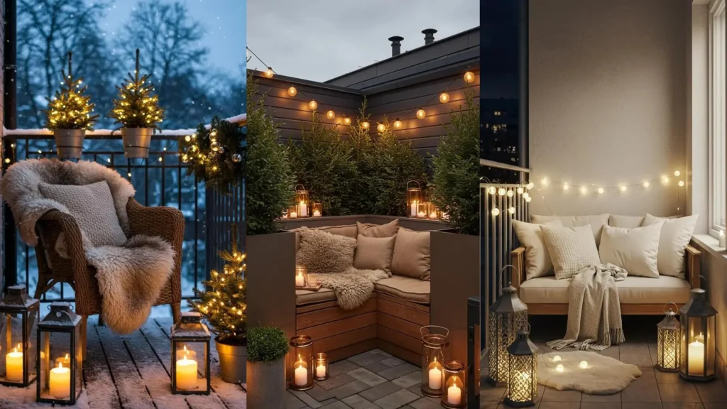 Ambiance cocooning sur trois balcons: coussins en laine, bougies et guirlandes chaudes pour un hiver cosy.