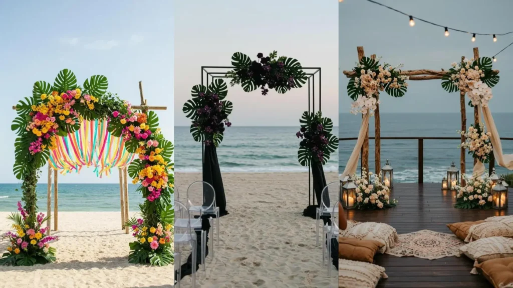 Trois arches florales tropicales avec monstera, orchidées et rubans pour un mariage en bord de mer idyllique.