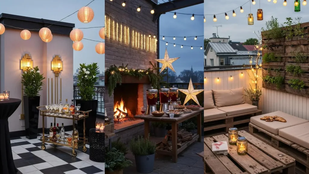 Découvrez 3 terrasses festives avec lampions, buffet extérieur et jardin vertical de plantes aromatiques.