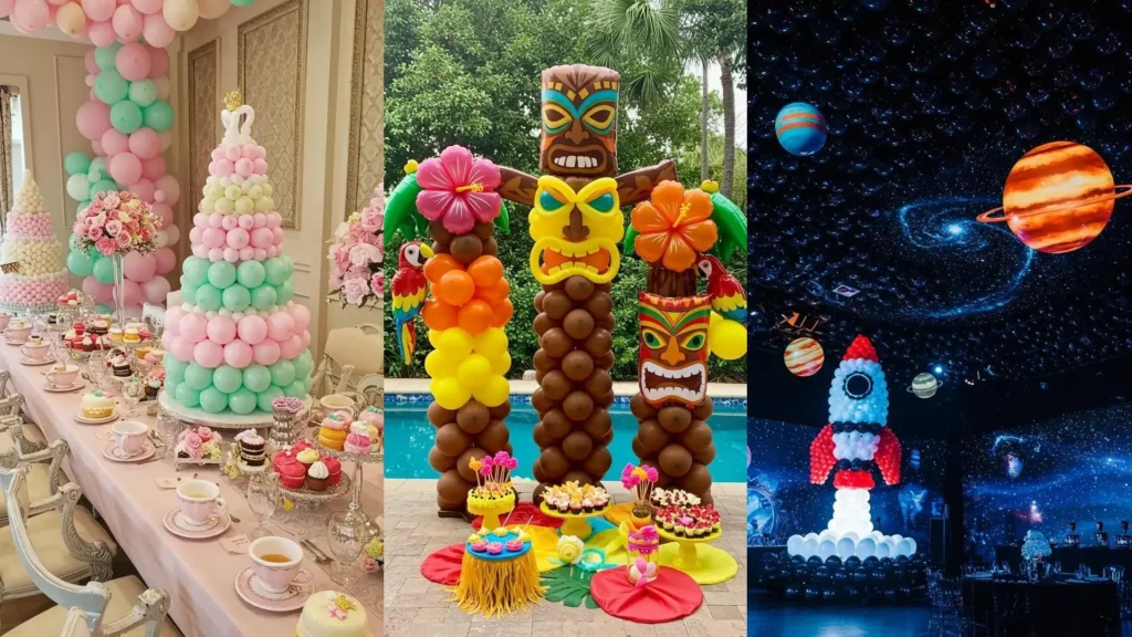 Décorations de fête enfant avec ballons sculptés: tour de ballons pastel, thème Tiki tropical et fusée spatiale colorée.