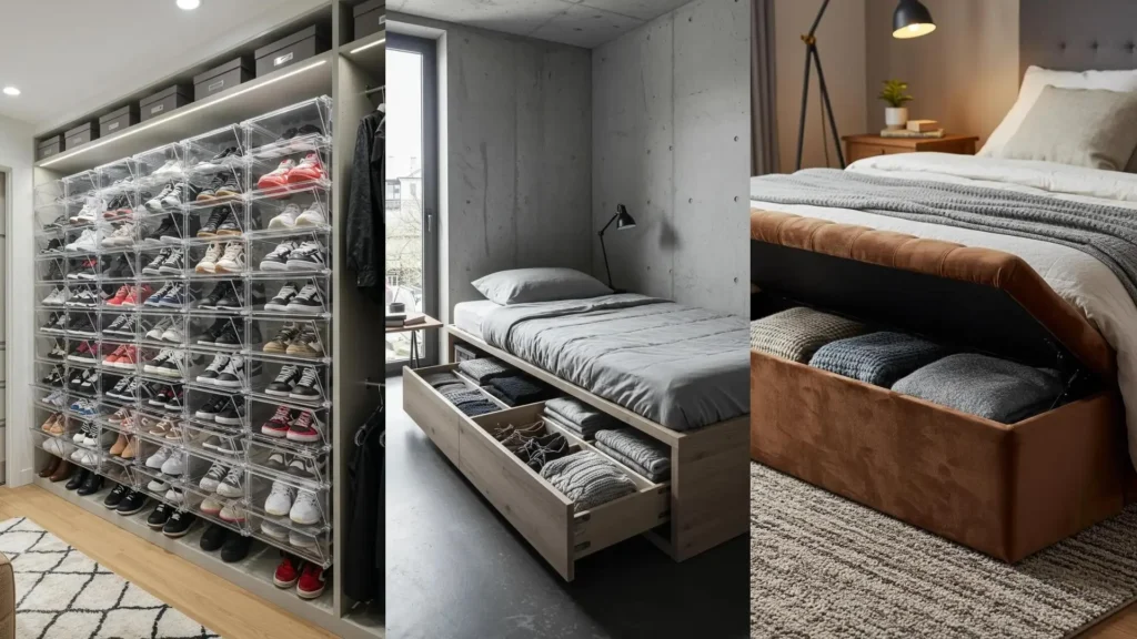 Rangements malins pour petit espace: lits avec tiroirs intégrés, organisateurs à chaussures et bancs de rangement astucieux.