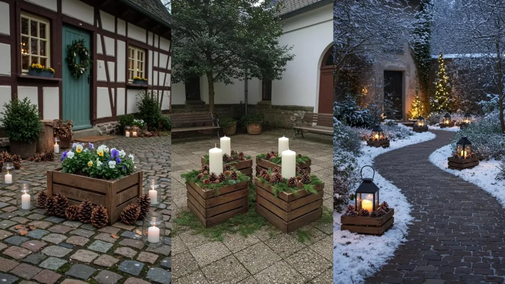 Décoration de cour hivernale DIY avec caisses de bois, pommes de pin et bougies blanches lumineuses sur la neige.