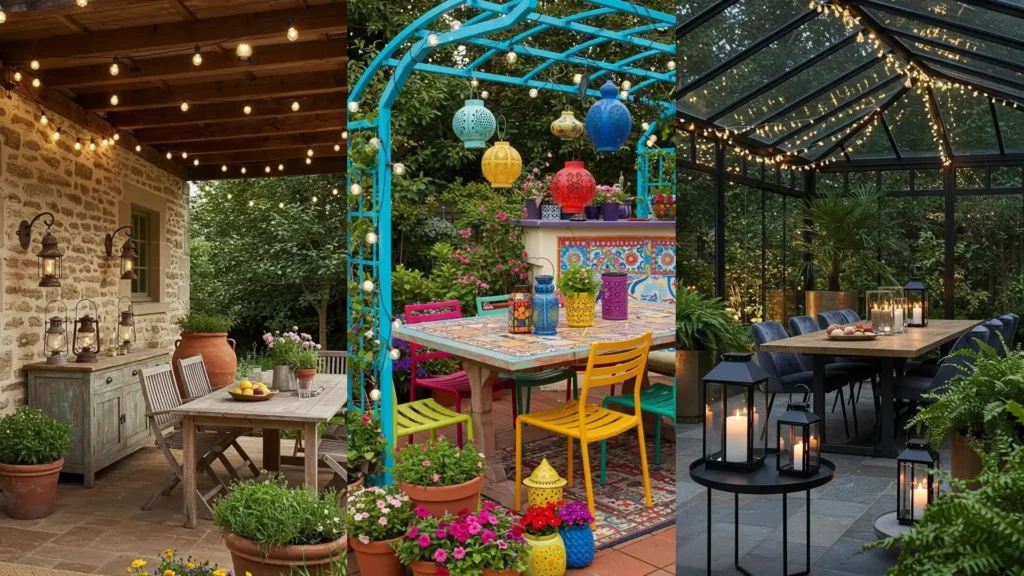 Dîners extérieurs romantiques: terrasses décorées de guirlandes lumineuses et lanternes solaires pour une ambiance féerique.