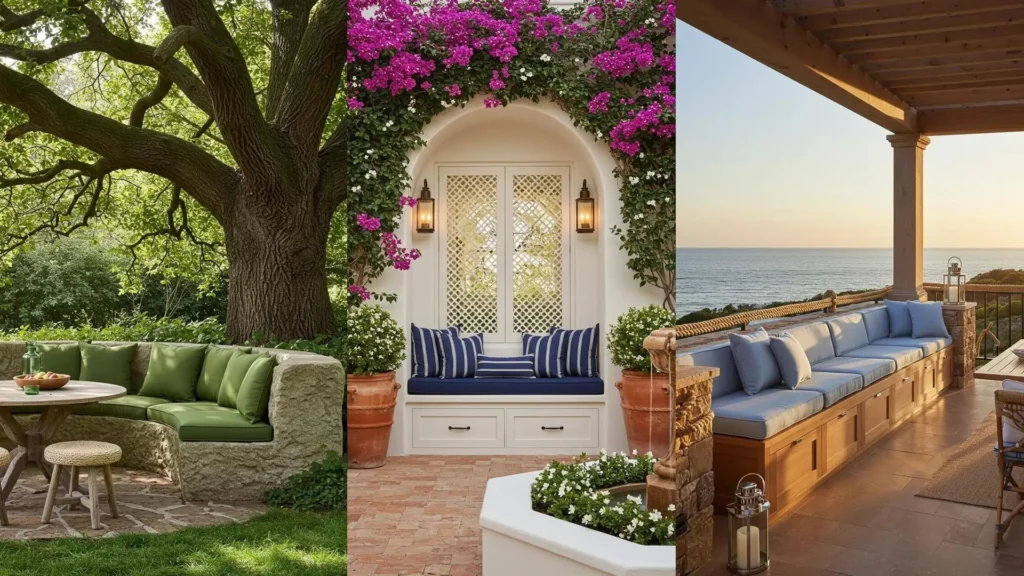 Trois banquettes d'extérieur intégrées avec rangements dissimulés, parfaites pour le jardin, patio ou terrasse.