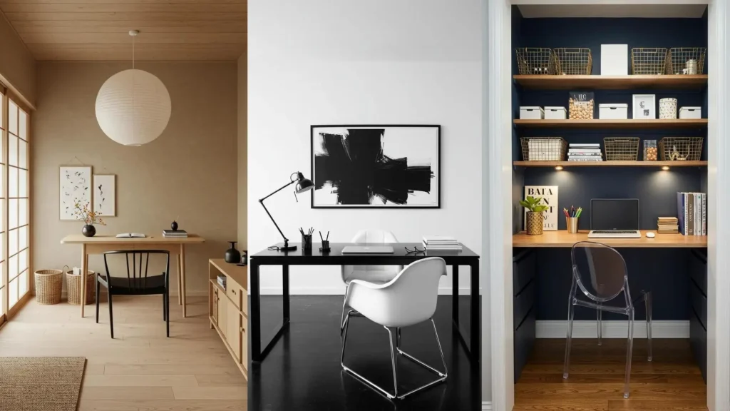 Trois bureaux à domicile rangés et esthétiques pour influenceurs, avec organisation stylée et déco Pinterest-friendly.
