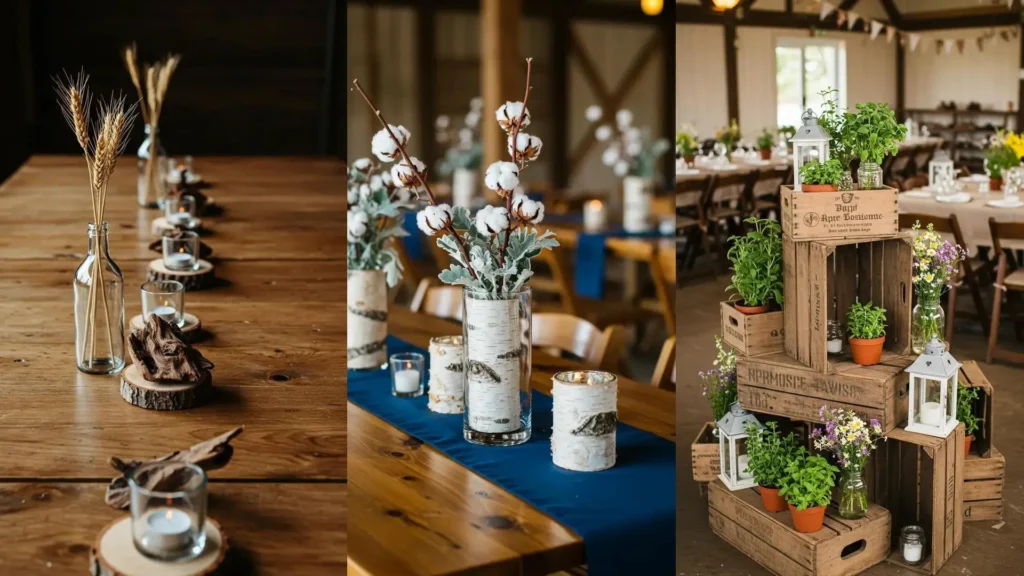 Centres de table mariage champêtre avec bouquets de blé, coton, bougies en photophores et vases en écorce de bouleau.