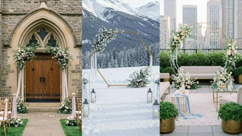 Arches florales de mariage avec cadres dorés, rubans pastel et fleurs délicates pour une ambiance éthérée.