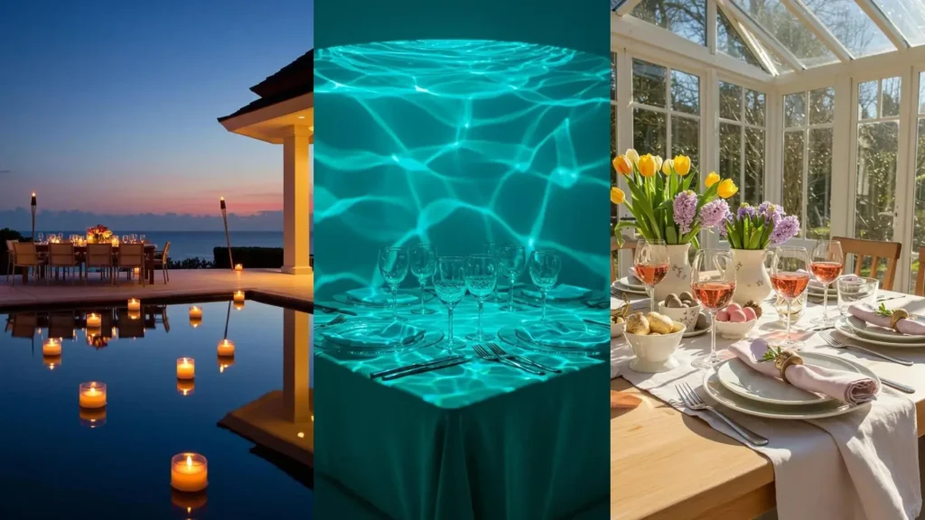 Verrerie élégante sur table de fête avec reflets lumineux ondulants. Idées de mise en scène pour une ambiance unique.