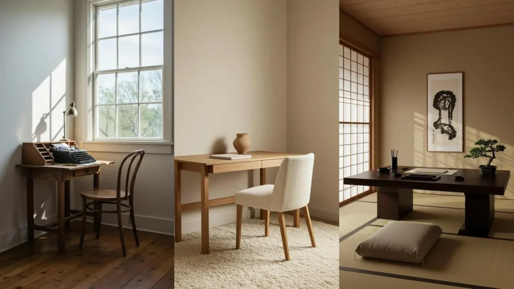 Trois bureaux minimalistes et monochromes pour un esprit zen : surfaces dégagées, organisation simplifiée et design épuré.