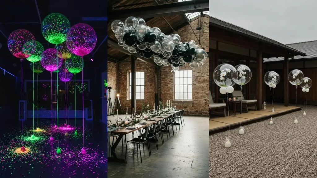 Compositions variées de ballons transparents pour une déco anniversaire moderne et aérienne, intérieur/extérieur.
