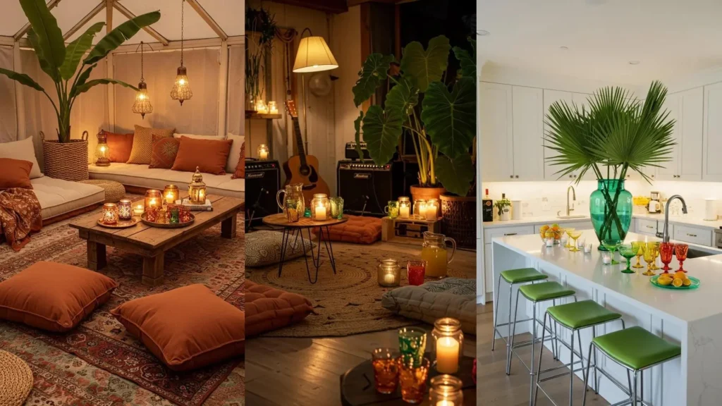 Décoration intérieure tropicale pour soirée d'été avec palmes, bougies et verreries colorées.
