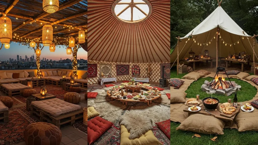 Décoration de fête orientale avec coussins au sol, lanternes et plats colorés pour une ambiance chaleureuse.