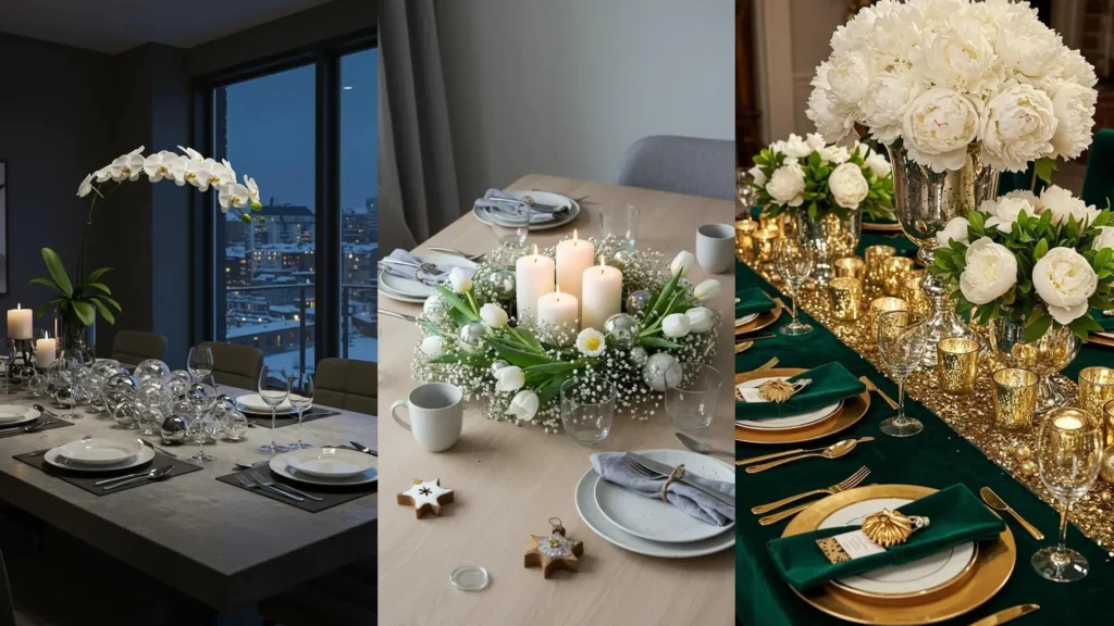 Centres de table de Nouvel An avec fleurs blanches, bougies et boules de verre scintillantes.