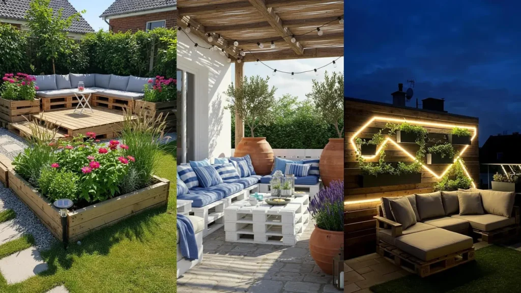 Trois inspirations DIY pour jardin modulable avec meubles en palettes, luminaires d'extérieur et accessoires saisonniers.