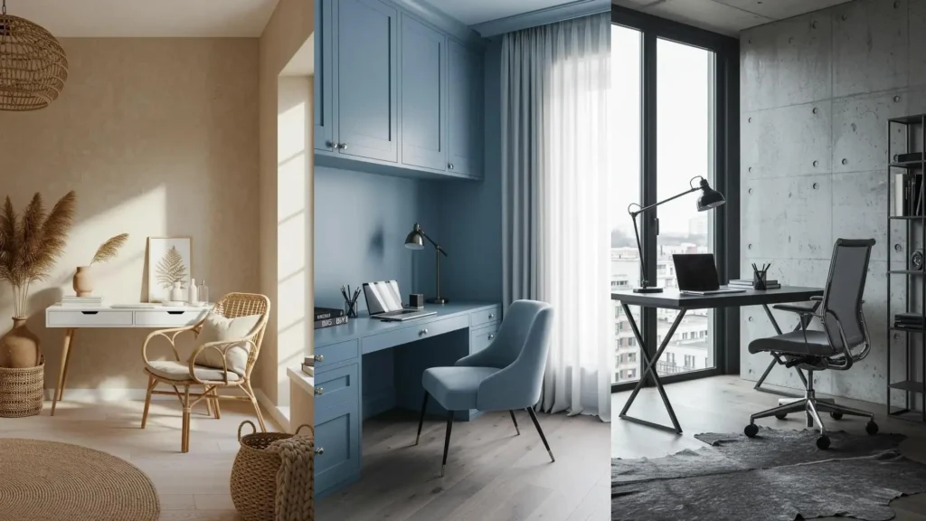 Ambiance productive: bureaux cosy monochromes aux camaïeux doux, textures riches, lumière diffuse.