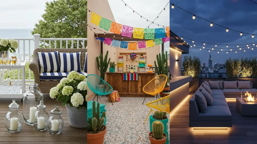 Trois terrasses aménagées pour apéros d'été avec bar, guirlandes lumineuses et plantes en pot. Idées déco inspirantes.