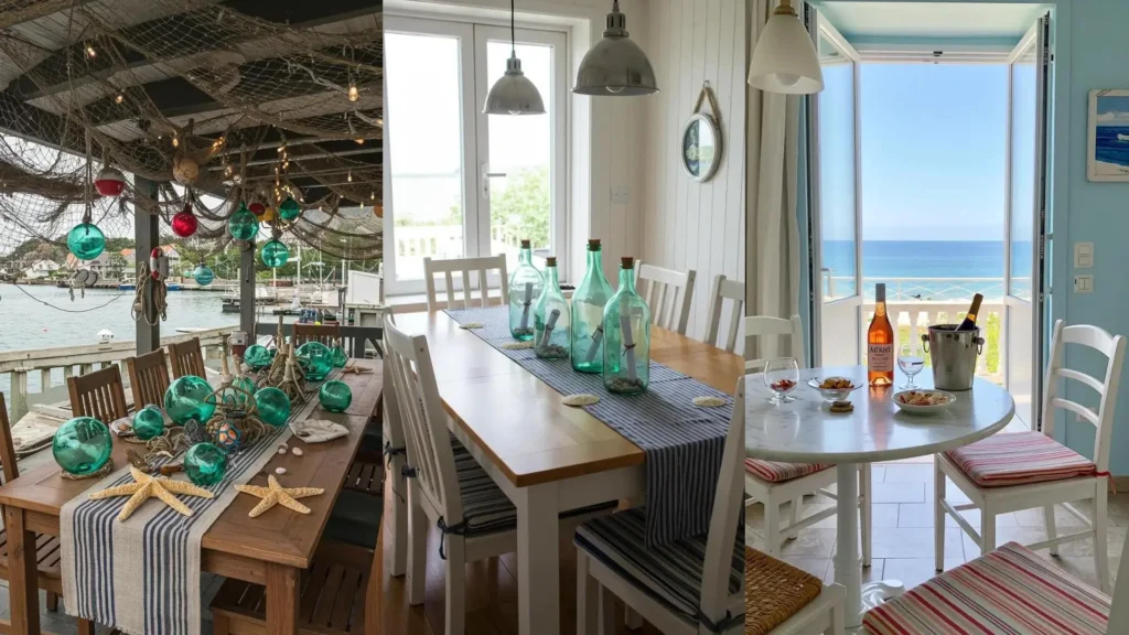Décoration de table marine d'été avec verrerie, étoiles de mer et chemin de table rayé pour un dîner élégant.