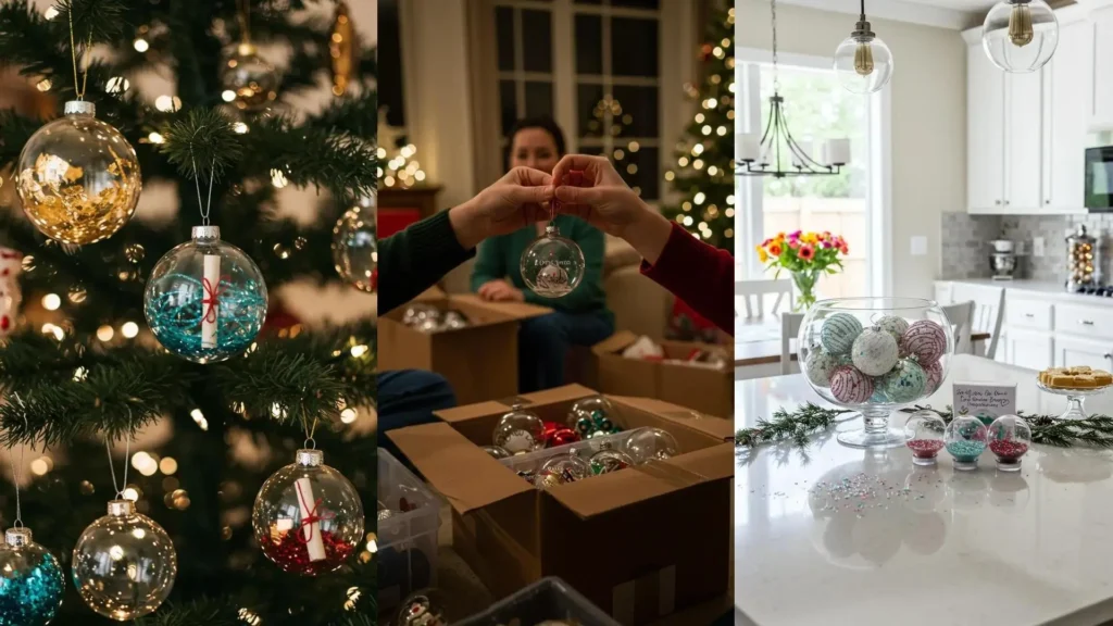 Boules de Noël DIY en verre, personnalisées avec paillettes et petits messages, pour une décoration festive unique.