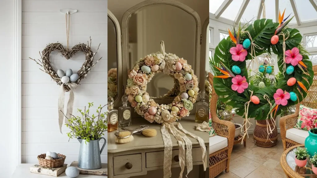 Plusieurs couronnes de Pâques DIY fleuries avec des rubans et des œufs pastel et colorés.