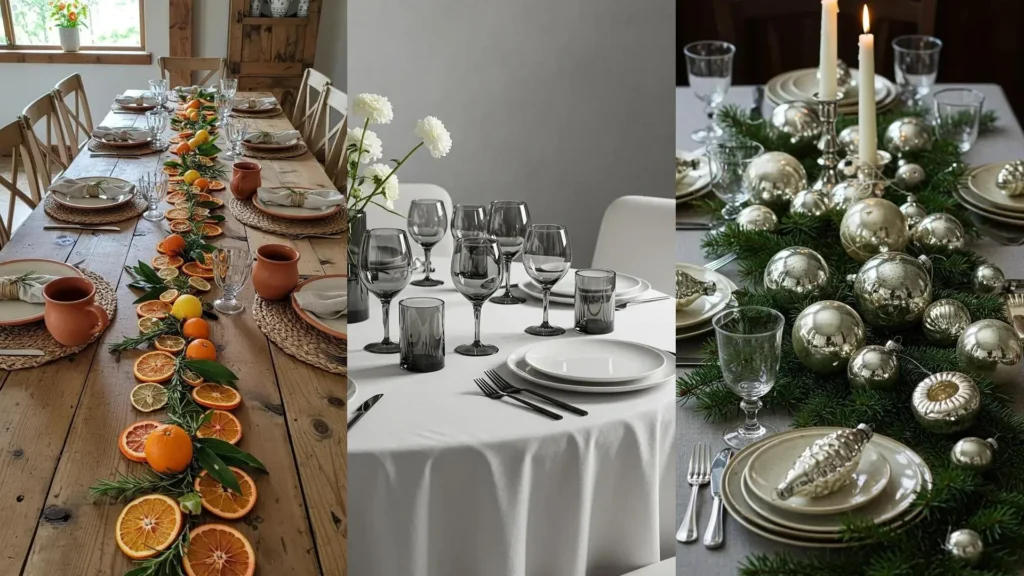 Décorations de table raffinées avec accessoires : chemin de table agrumes, vaisselle élégante, ambiance festive de Noël.