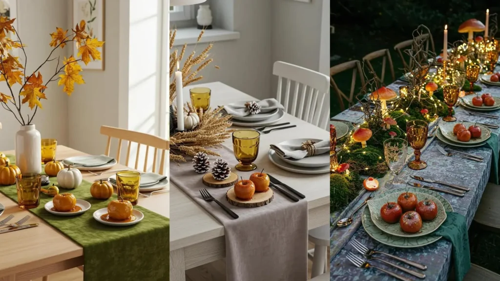 Trois tables d'automne avec chemins de table en velours, pommes caramélisées, verres ambrés et décorations chaleureuses.