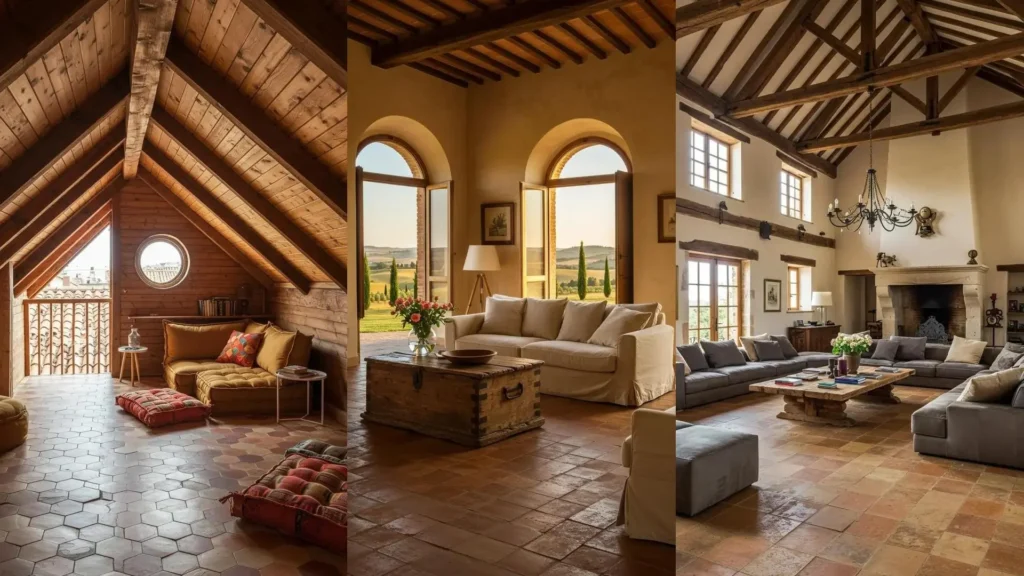 Salons méditerranéens avec carrelage artisanal en terre cuite, poutres en bois vieilli et vue sur la campagne.