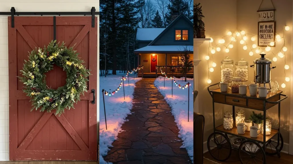 Déco de Noël et d'hiver avec guirlandes lumineuses: chemin illuminé, couronne sur porte et coin cocooning.