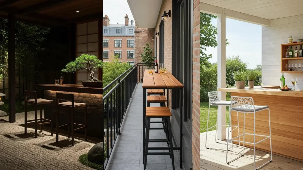 Bars extérieurs en bois exotique avec tabourets hauts design, parfait pour aménager terrasse ou jardin.
