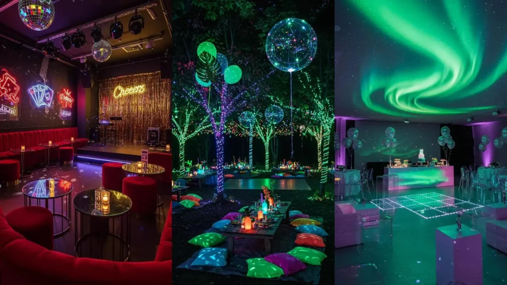 Décorations de fête néon disco pour adultes avec boules à facettes, ballons lumineux et guirlandes LED.