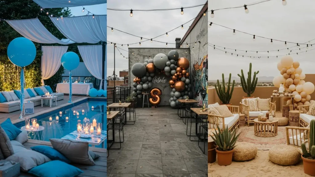 Décor de terrasse d'anniversaire estival avec guirlandes lumineuses, ballons géants et coins lounge.